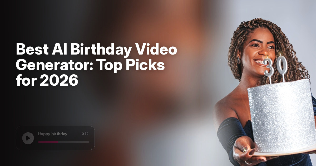 Best AI birthday video generator cover with a smiling woman holding a silver glitter birthday cake with number candles, under a dark gradient and a happy birthday video player card
