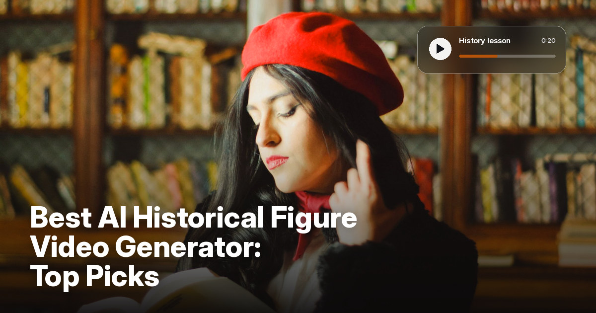 Best AI historical figure video generator cover with a young woman in a red beret reading a book in front of tall wooden library shelves, under a dark gradient and a history lesson video player card
