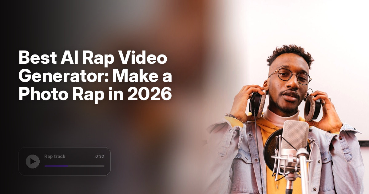 Best AI rap video generator cover with a young man in glasses holding studio headphones on his ears in front of a microphone, under a dark gradient and a rap track player card