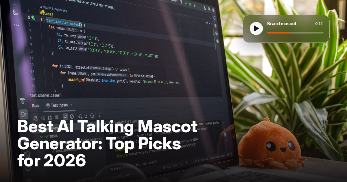 Best AI talking mascot generator cover with an orange plush mascot beside a laptop and a plant on a desk, under a dark gradient and a brand mascot video player card