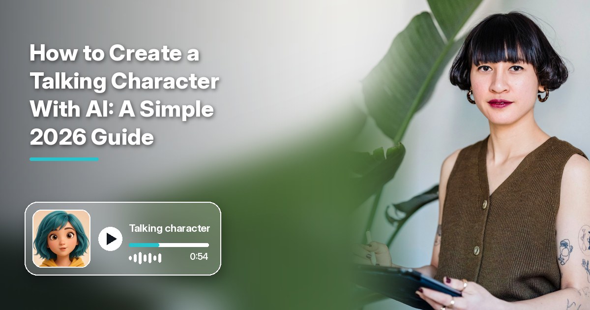 How to create a talking character cover with a designer holding a tablet beside a large plant, a bold title on the left, and a frosted video player with a talking 3D character