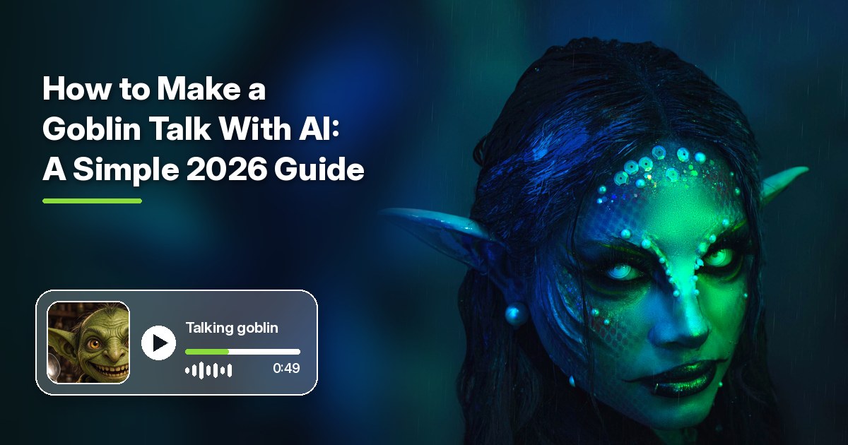 How to make a goblin talk with AI cover with a person in green fantasy creature makeup with pointed ears, a bold title on the left, and a frosted video player with a talking goblin