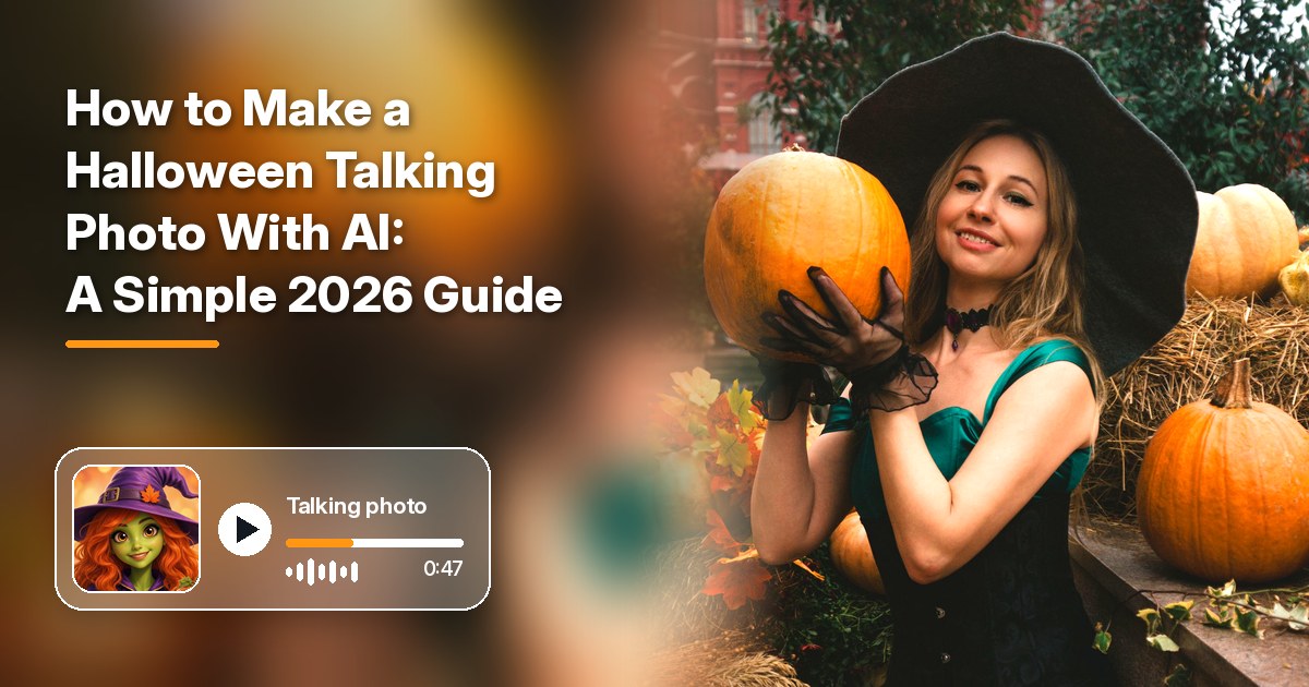 How to make a Halloween talking photo cover with a smiling woman in a witch hat holding a big pumpkin among autumn pumpkins and hay bales, a bold title on the left, and a frosted video player with a talking witch