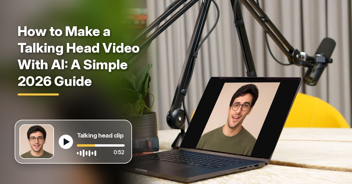 How to make a talking head video cover with a podcast desk holding two microphones on boom arms, headphones, a plant, and a laptop showing the fictional AI commentator Host, a bold title on the left, and a frosted video player chip