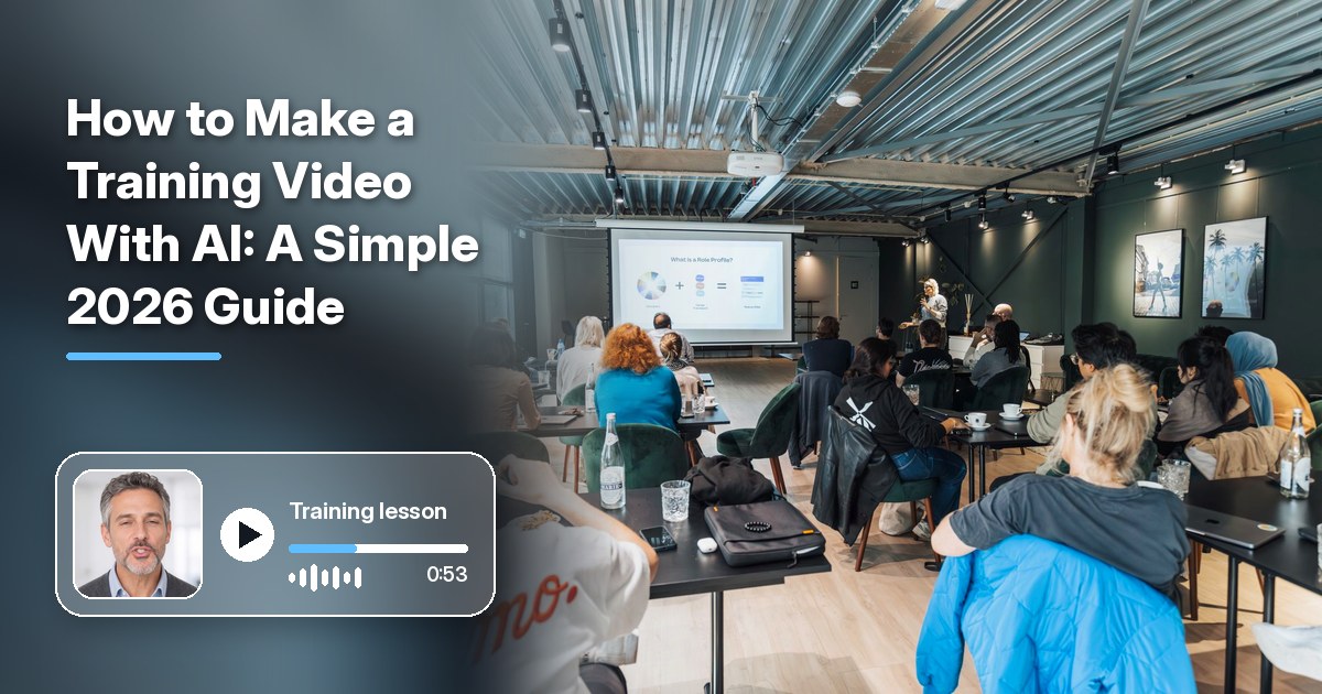 How to make a training video cover with a training session seen from the back of a room, learners at tables facing a presenter and a projection screen, a bold title on the left, and a frosted video player with the fictional AI trainer Host