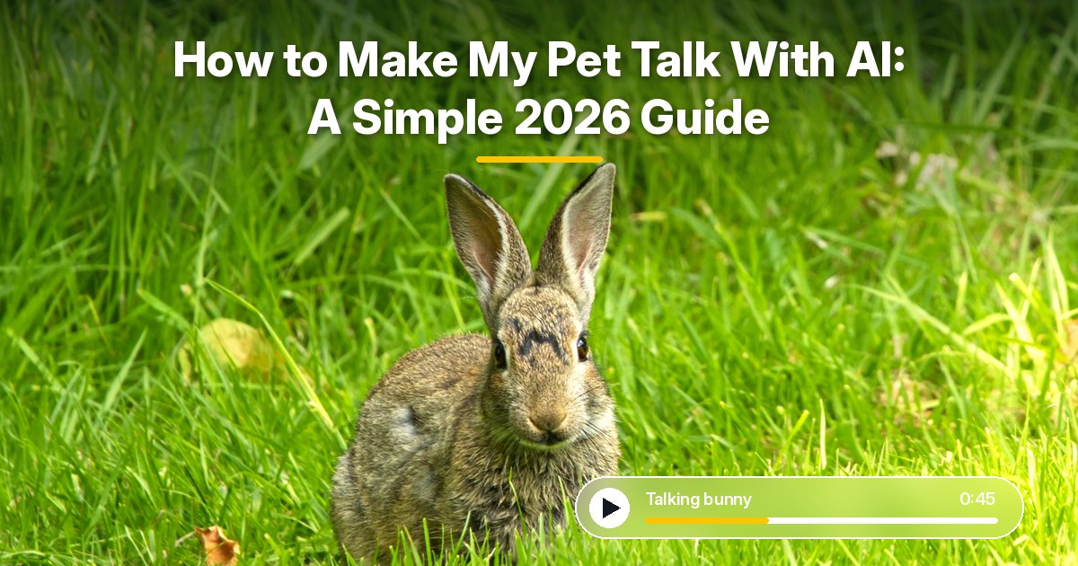 How to make my pet talk with AI cover with a bunny sitting in bright green grass, a bold title at the top, and a frosted talking bunny video player